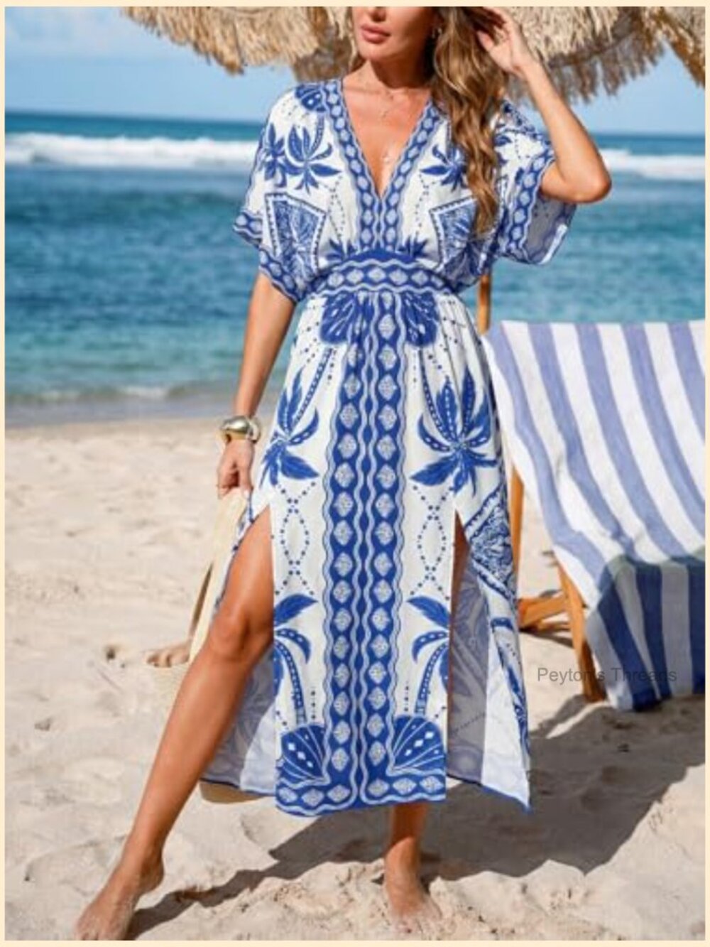 Tropical Floral Maxi Dress with Pockets V Neck Short Sleeve Smocked Slit Dress - Picture 3 of 7